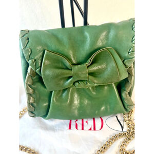 RED Valentino olive green leather Clutch crossbody bow bag with gold metal strap
